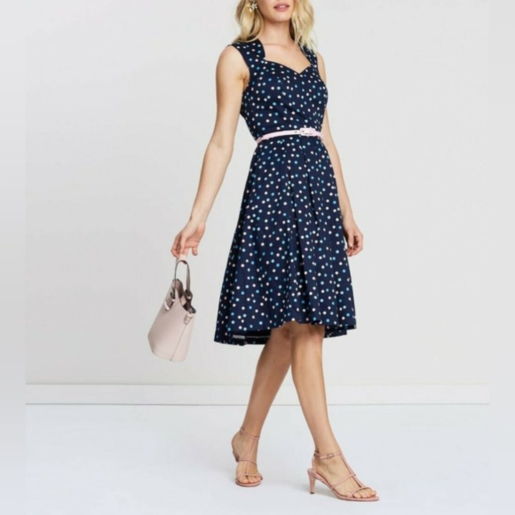 Review Orion Spot Navy Polka Dot Midi Dress Nwt Rrp 280